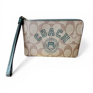 Coach Corner Zip Wristlet in Signature Canvas with a Varsity Motif NWOT